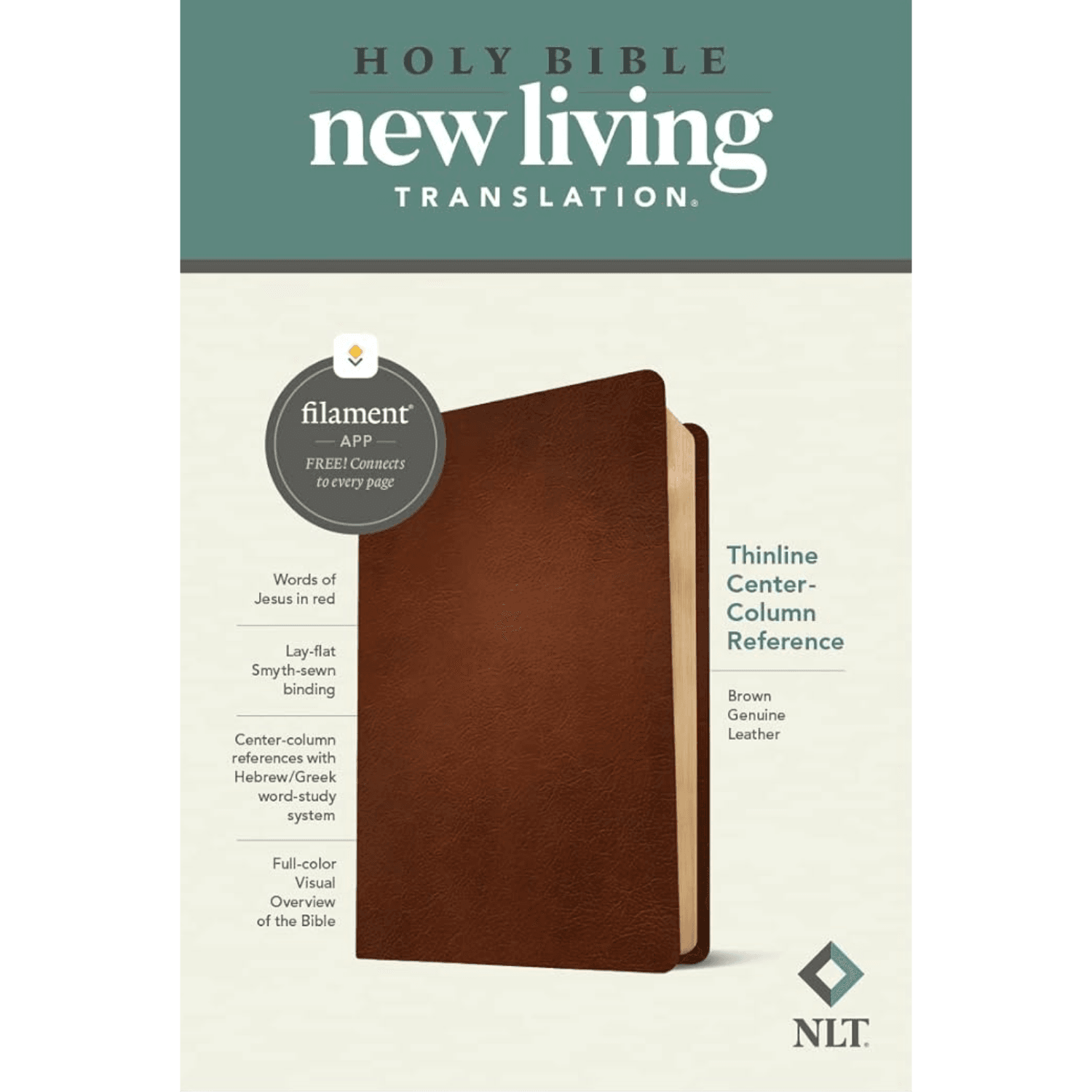 NLT Thinline Center-Column Reference Bible, Filament Enabled, Genuine Leather, Brown, Red Letter