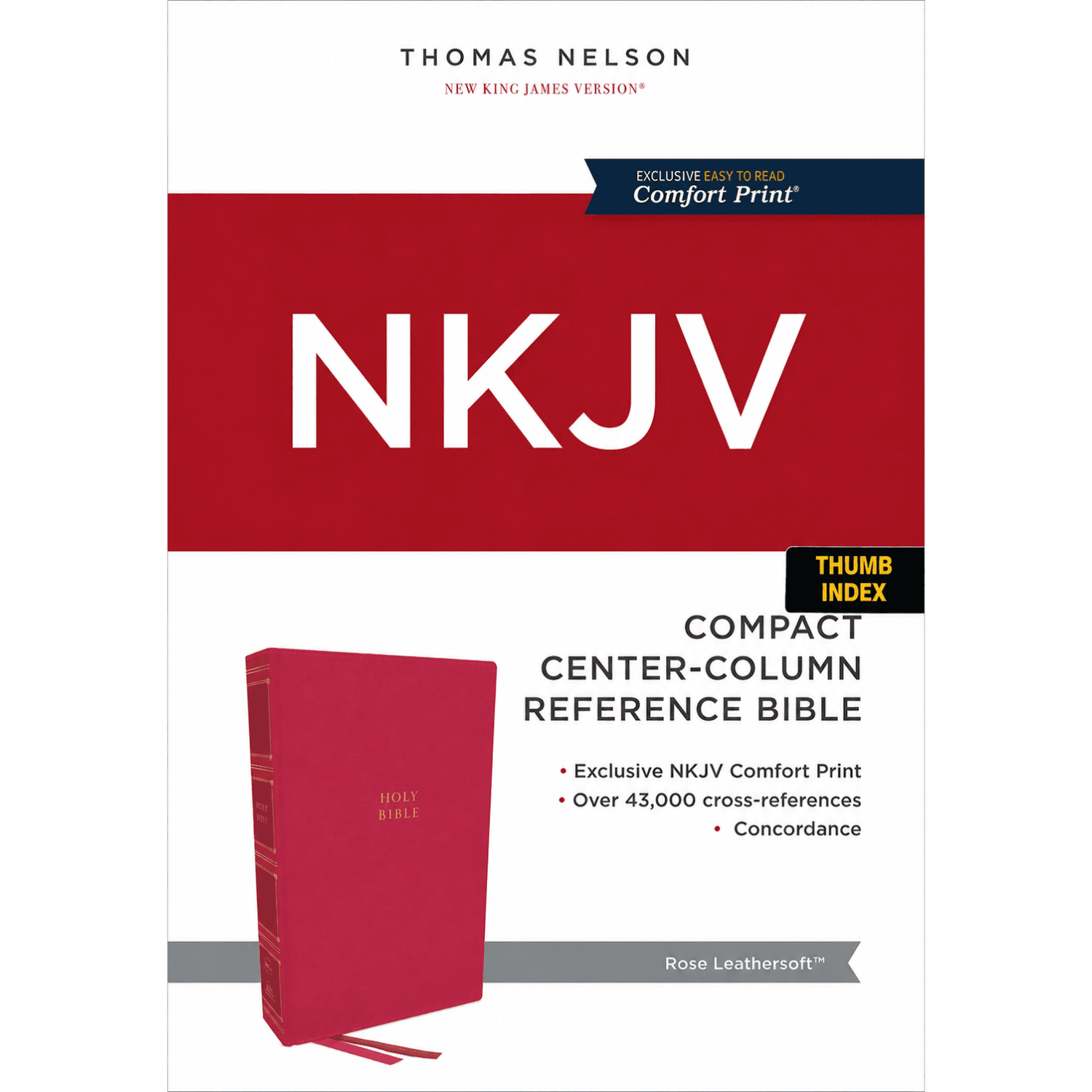 NKJV Compact Center-Column Reference Bible, Thumb Indexed,  Leathersoft, Comfort Print, Dark Rose