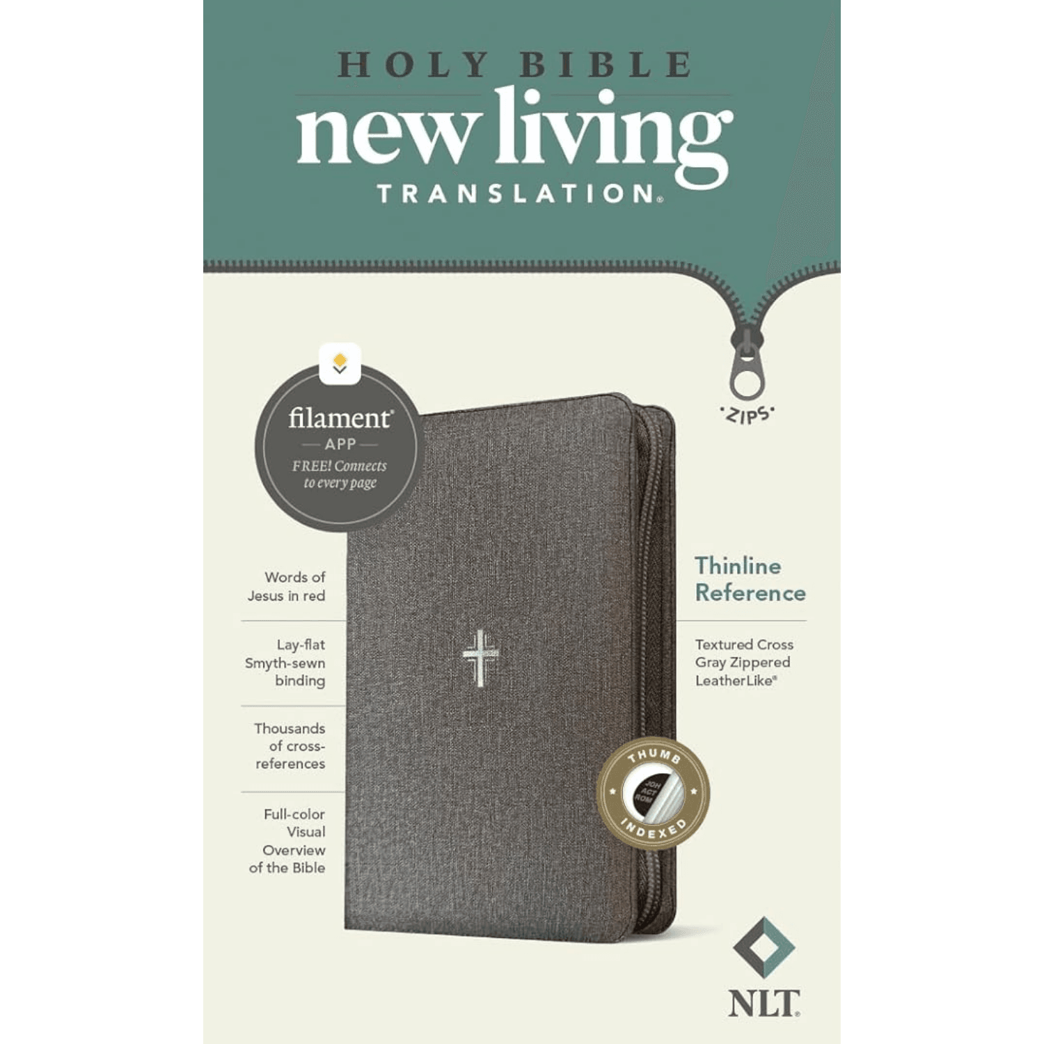 NLT Thinline Reference Zipper Bible, Filament Enabled, LeatherLike, Textured Cross Gray, Indexed, Red Letter