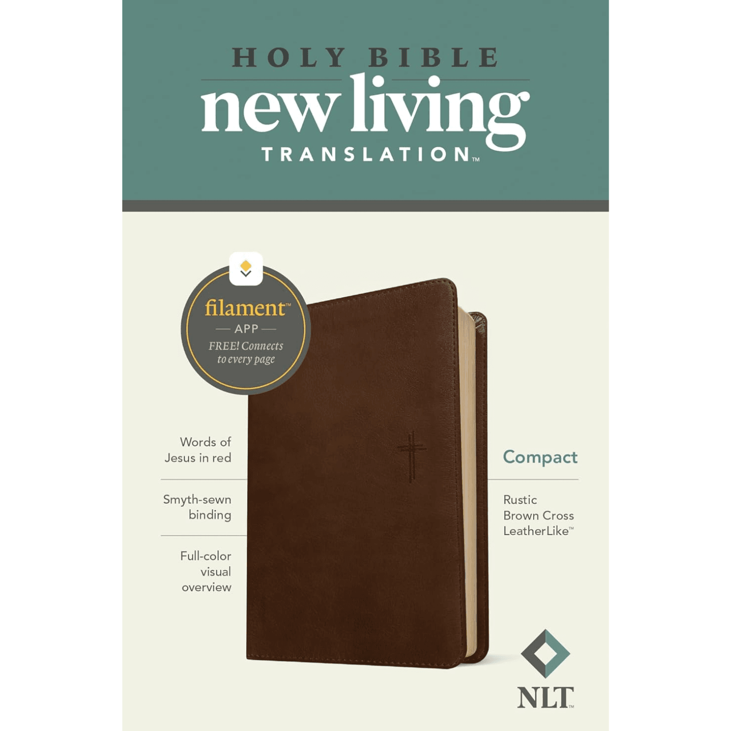 NLT Compact Bible, Filament Enabled, LeatherLike, Rustic Brown Cross, Red Letter